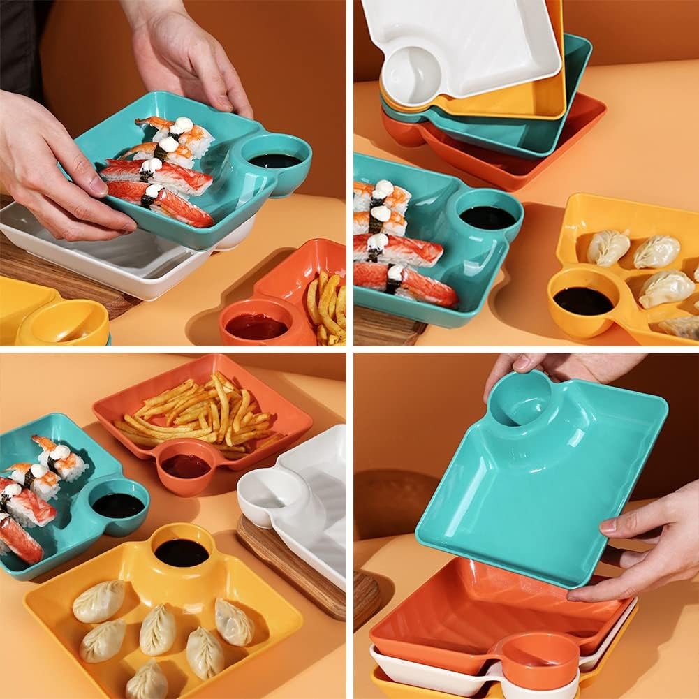 4-Piece Colorful Serving Platter Set – BPA-Free Snack, Sushi, Appetizer & Dessert Plates with Built-in Dipping Bowls for Parties & Everyday Use (Random Color) - Image 5