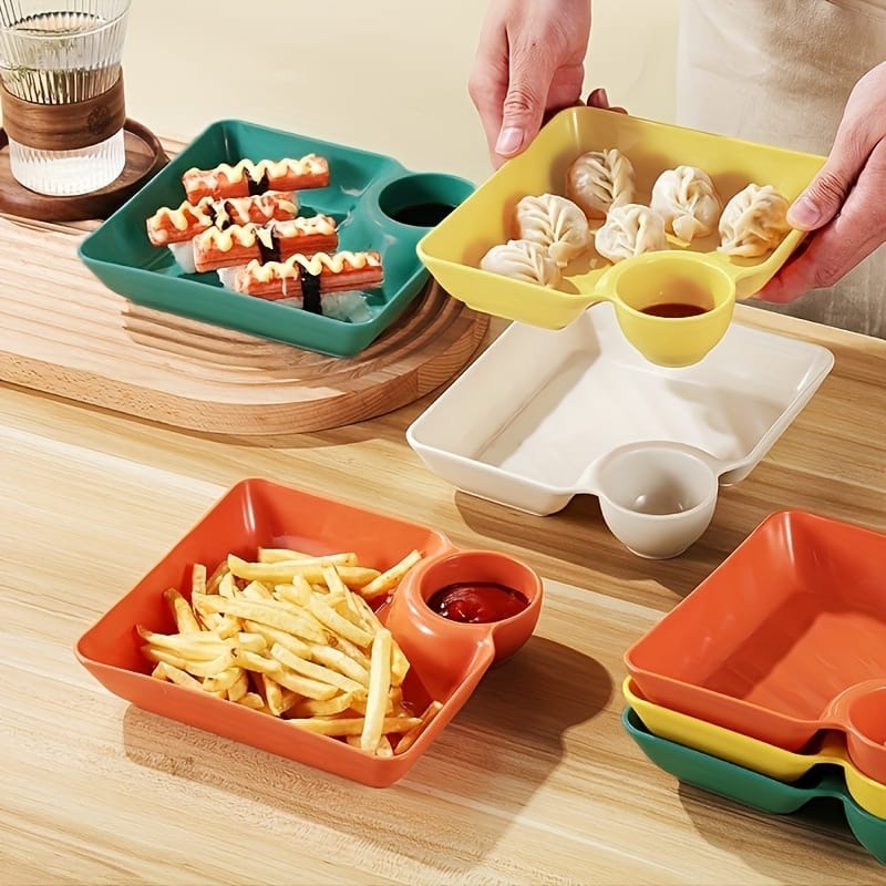4-Piece Colorful Serving Platter Set – BPA-Free Snack, Sushi, Appetizer & Dessert Plates with Built-in Dipping Bowls for Parties & Everyday Use (Random Color) - Image 3