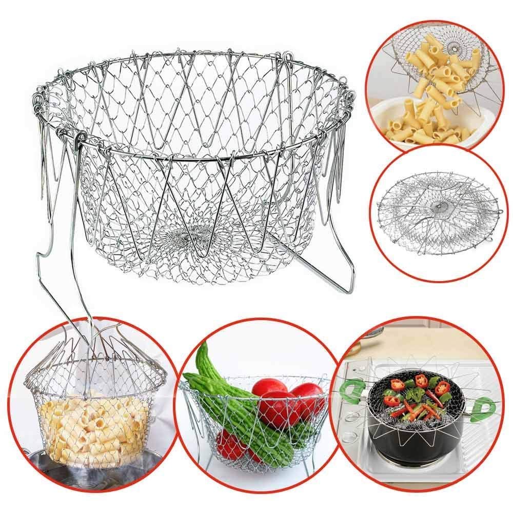 Stainless Steel Multi-Functional Foldable Chef Basket – Deluxe Kitchen Colander, Mesh Steam, Rinse, Strain & Fry Basket - Image 3