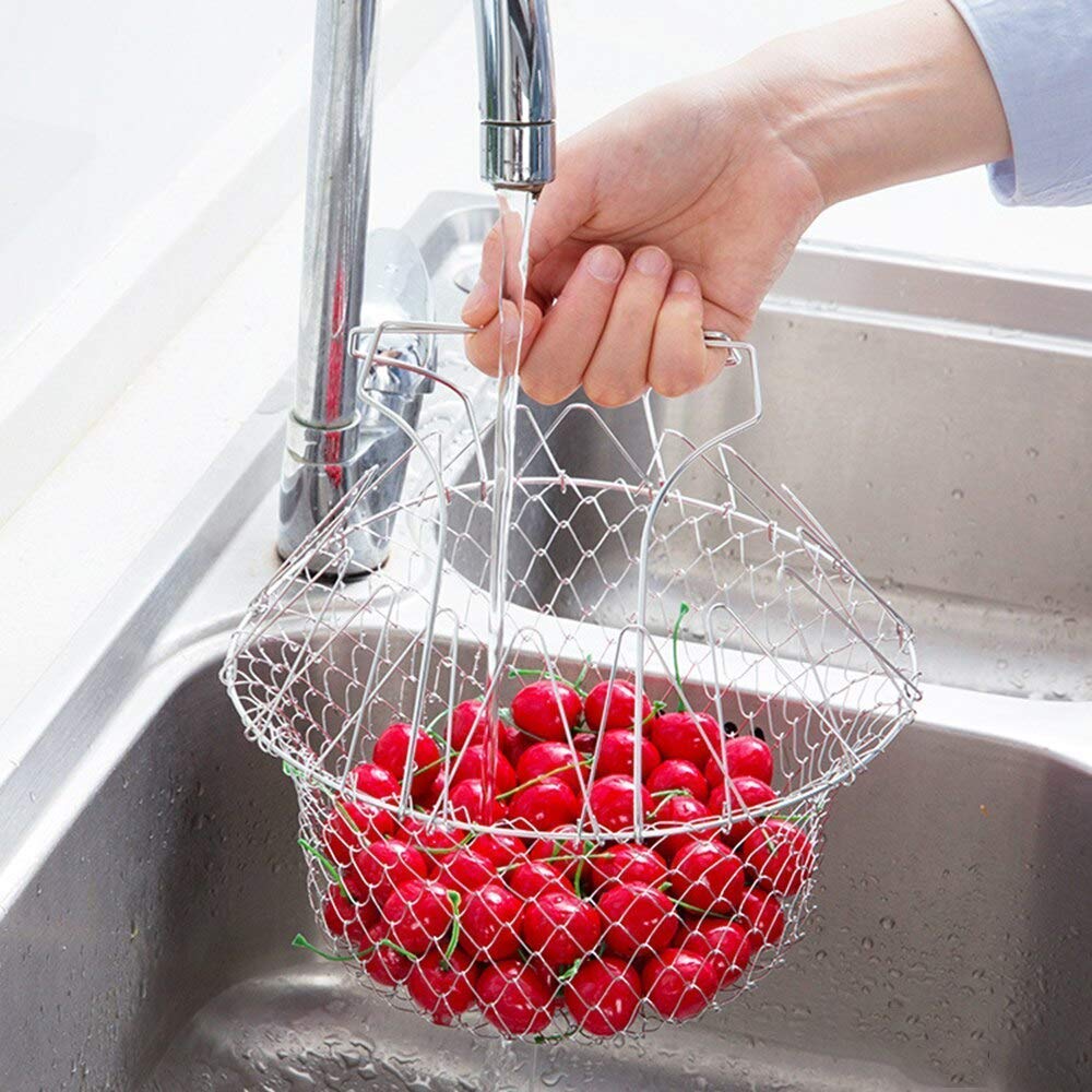 Stainless Steel Multi-Functional Foldable Chef Basket – Deluxe Kitchen Colander, Mesh Steam, Rinse, Strain & Fry Basket - Image 2