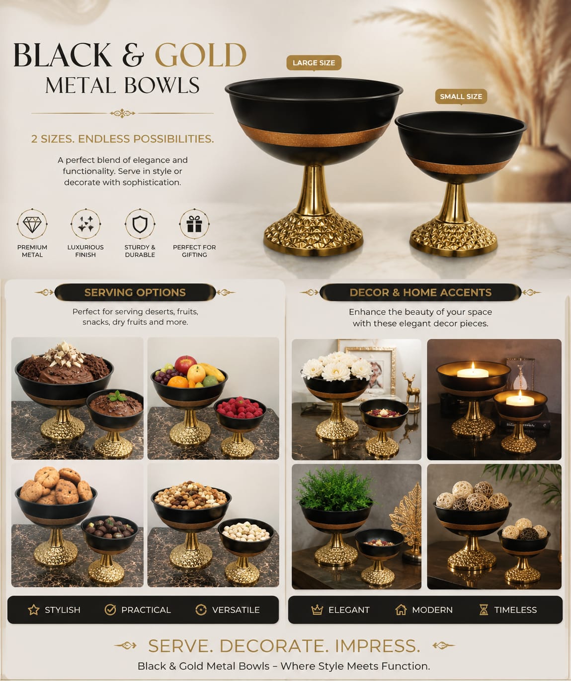 Luxury Metal Decorative Bowl Black & Gold Finish | Premium Centerpiece Bowl for Home Decor | Size 25x25x25cm - Image 2