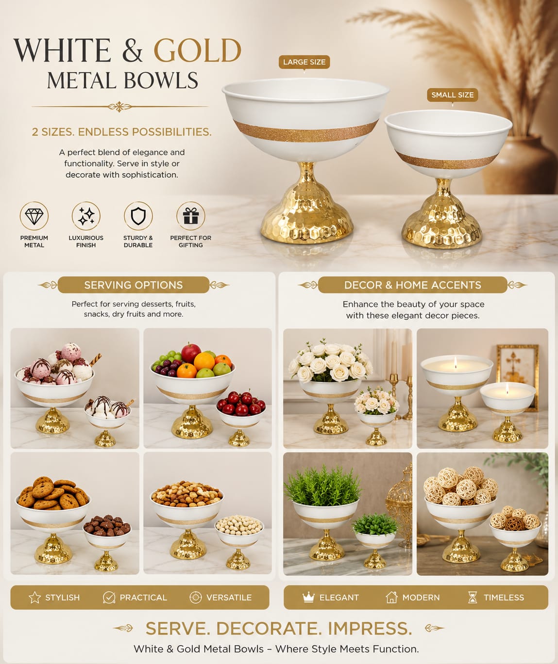 Luxury Metal Decorative Bowl White & Gold Finish | Size 25x25x25cm - Image 2