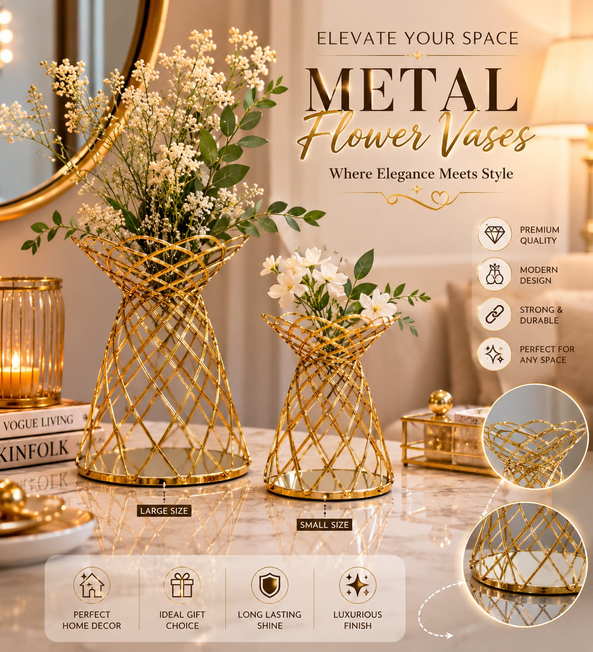 Luxury Decorative Table Vase | Modern Metal Flower Vase for Home & Office Décor | Without Flowers 15x15x18cm - Image 2