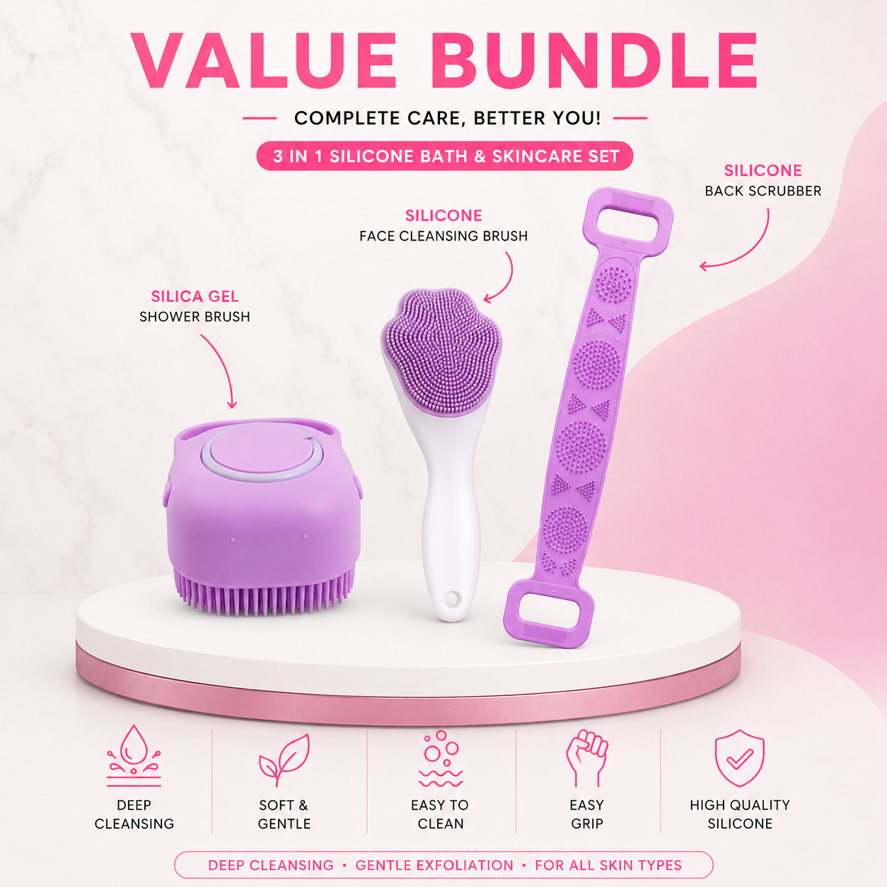 3 in 1 Silicone Bath & Skincare Value Bundle – Shower Brush, Back Scrubber & Face Cleansing Brush Set - Image 3