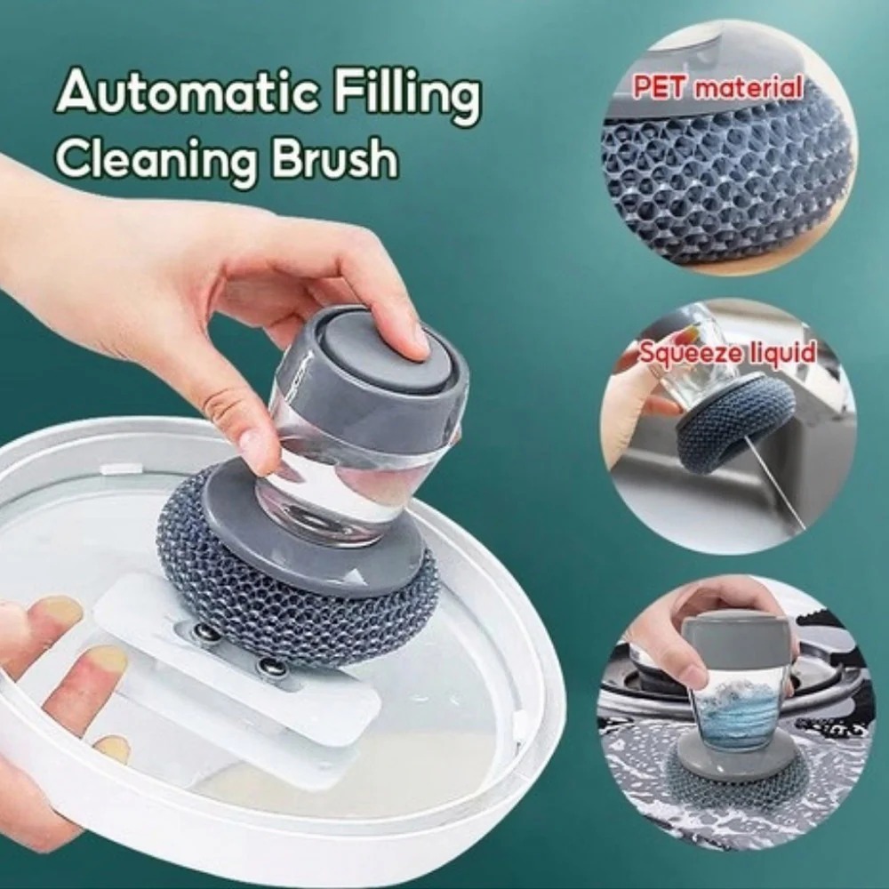 Kitchen Soap Dispensing Palm Brush – Automatic Filling Dish Scrubber with PET Bristles – Non-Scratch Cleaning Brush for Pots, Pans, and Sinks - Image 3